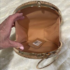 Round Tan and Gold Clutch with Handle
